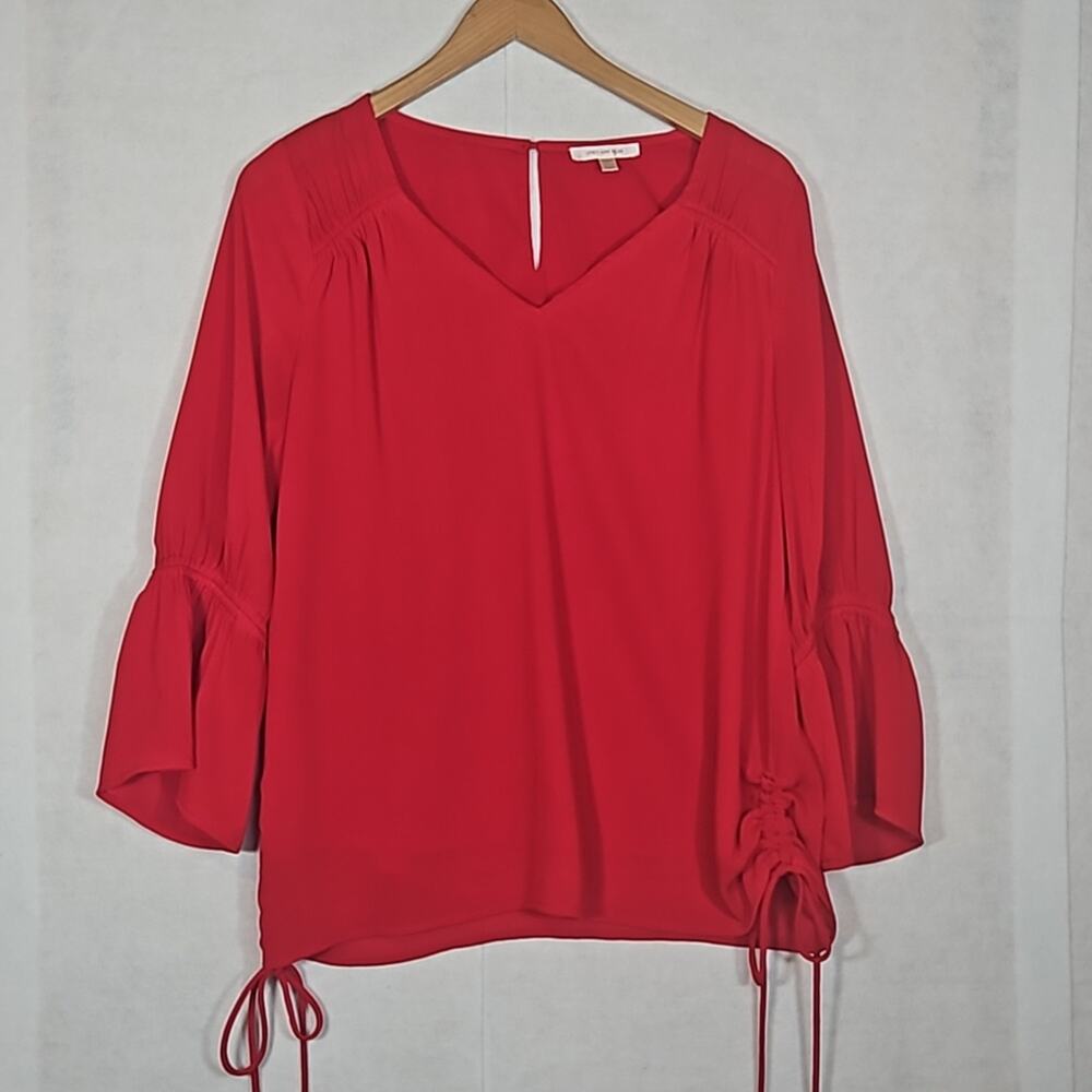 Skies Are Blue Red V-Neck Blouse Size M - Flare 3/4 Sleeve Side Ruching Ties
